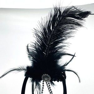 Black Sequined Stretch Headband Feather Rhinestone Accents Gatsby Flapper 1920s